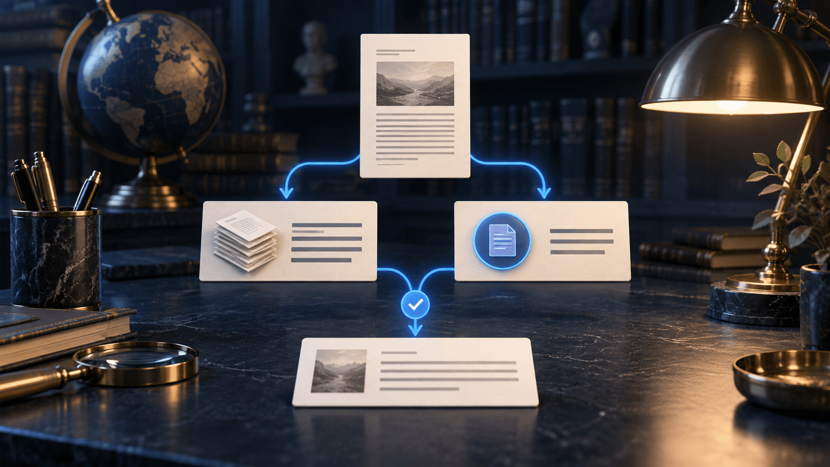 A journal record branches into a page-range card and an article-number card before a checked citation is created.