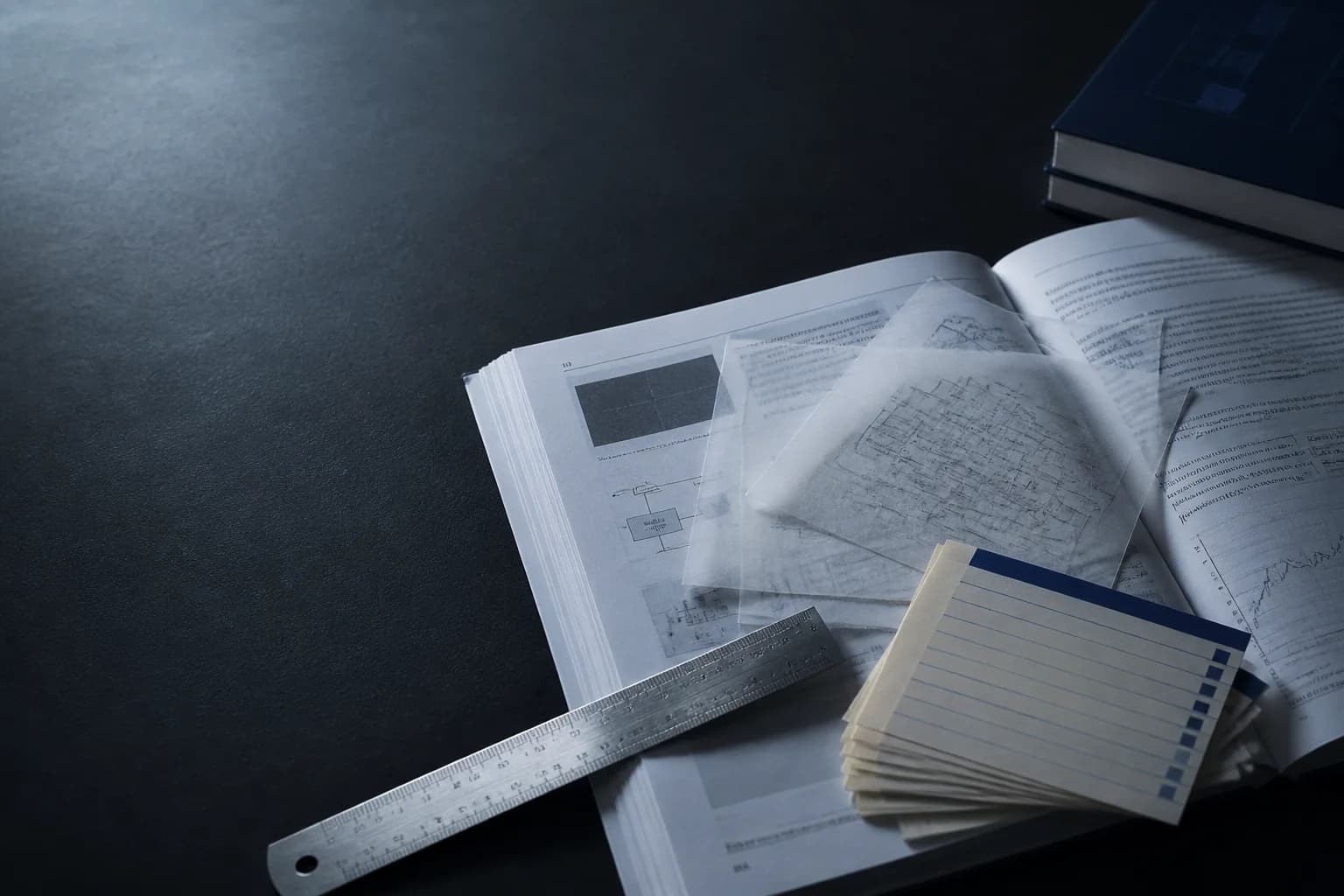 Technical papers and reference notes on a dark desk.