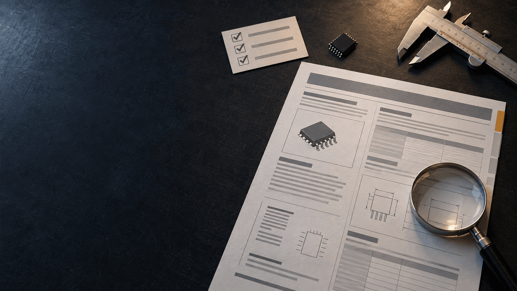 An unbranded engineering data sheet, microchip, caliper, and reference checklist on a dark technical desk.