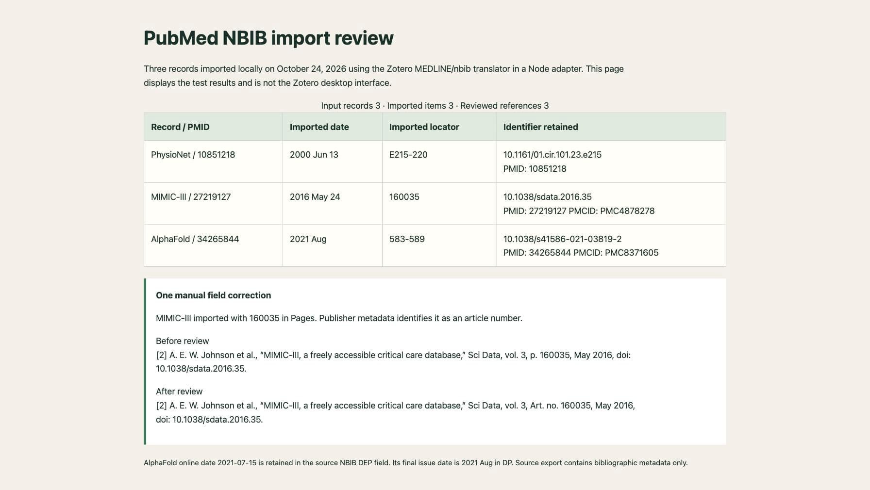 Local NBIB import results show three items, preserved identifiers, imported dates, and the correction from page 160035 to article number 160035.