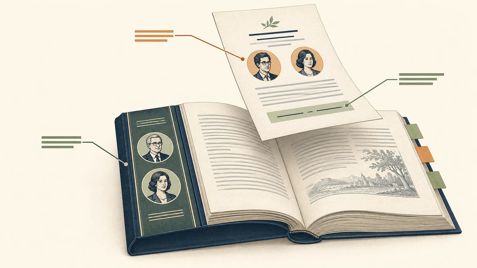 An individual chapter above an edited book, with separate markers for contributors and page details.