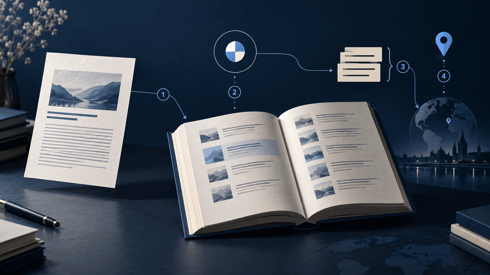 An individual paper flows into an open proceedings volume with DOI, page, and conference-location markers.
