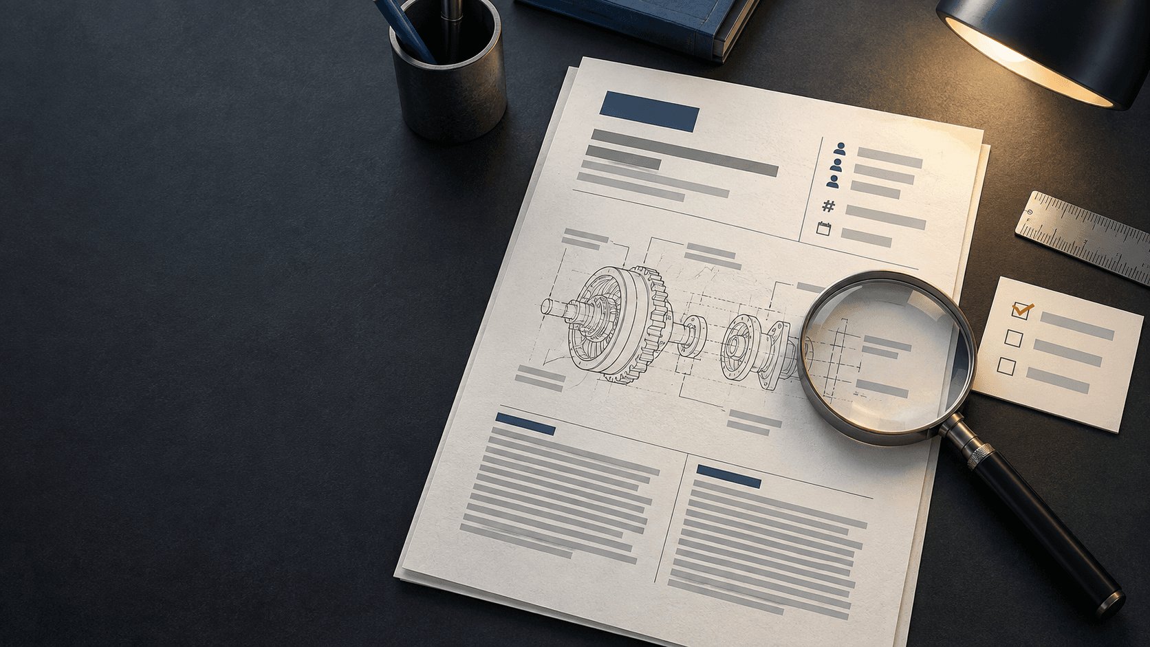 A patent document, magnifying glass, ruler, and checked reference card on a dark research desk.