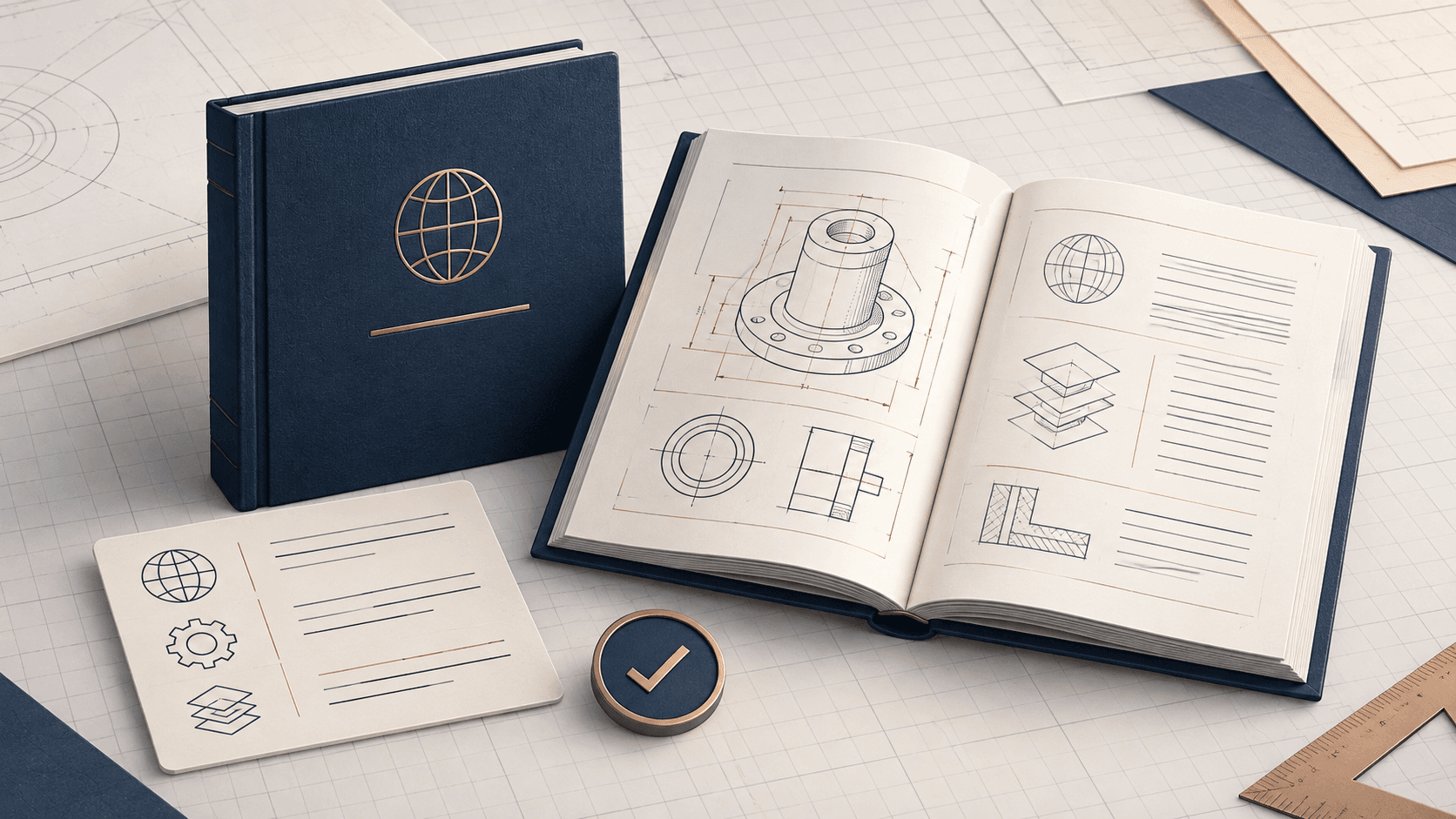 An unbranded engineering standards manual, a reference card, and a verification mark on a precise drafting surface.
