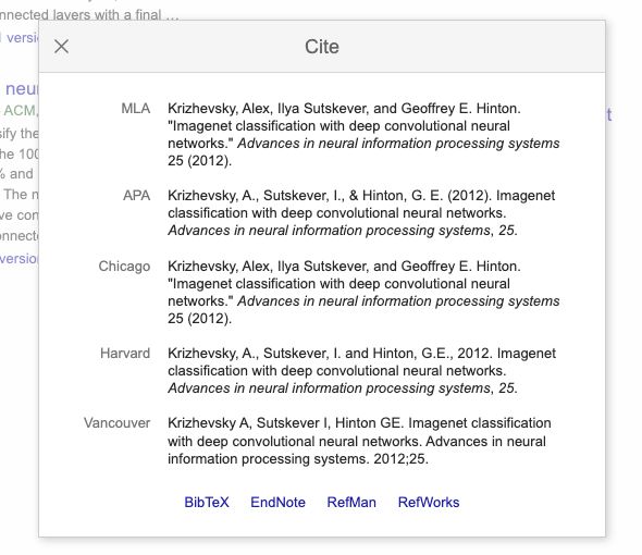 The actual Scholar Cite popup for the 2012 paper, with five displayed citation styles and a BibTeX export link at the bottom.