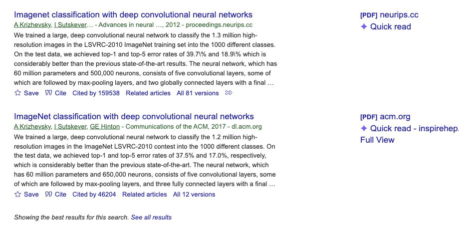 Google Scholar results for the same ImageNet title, showing a 2012 NIPS proceedings record and a 2017 Communications of the ACM journal record.