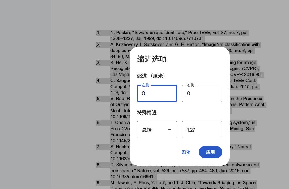 Google Docs Indentation options dialog in centimeters with Left zero, Right zero, and Hanging set to 1.27.