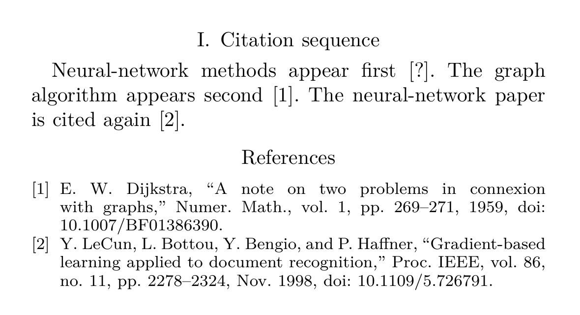 Deliberately broken citation key produces a question mark in the first sentence while the two correctly keyed citations resolve.
