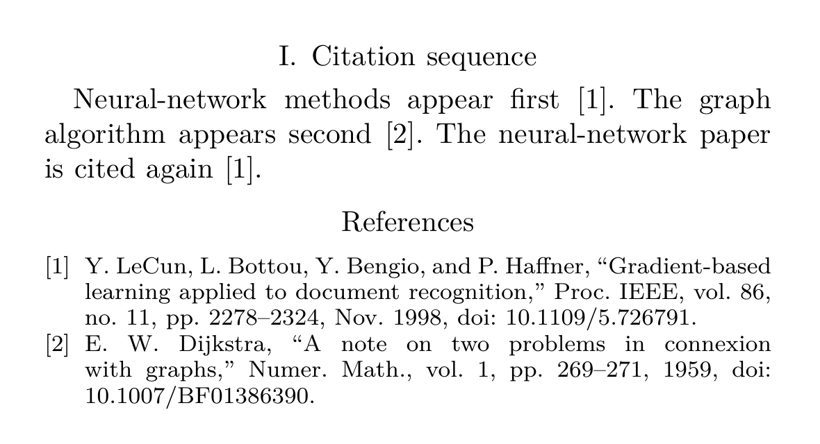 Compiled IEEEtran example with citation sequence 1, 2, 1 and two references, with LeCun first and Dijkstra second.