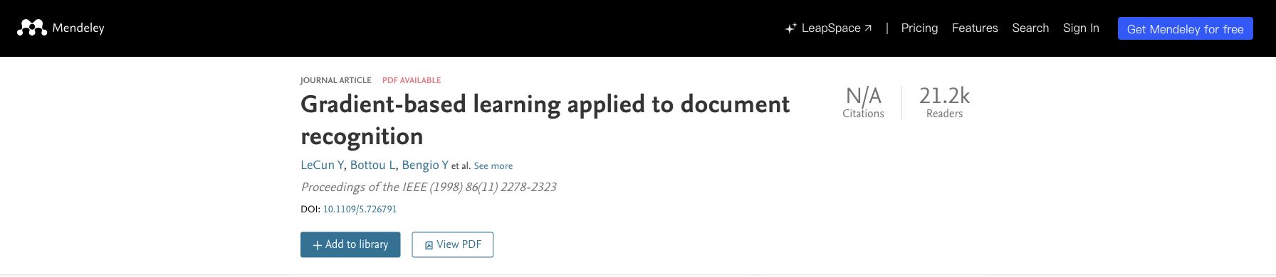 Live Mendeley public catalogue record for DOI 10.1109/5.726791 showing Proceedings of the IEEE, volume 86, issue 11, and pages 2278-2323.