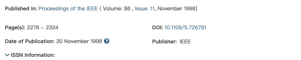 IEEE Xplore metadata for the same DOI showing pages 2278-2324, November 1998, volume 86, issue 11, and publisher IEEE.