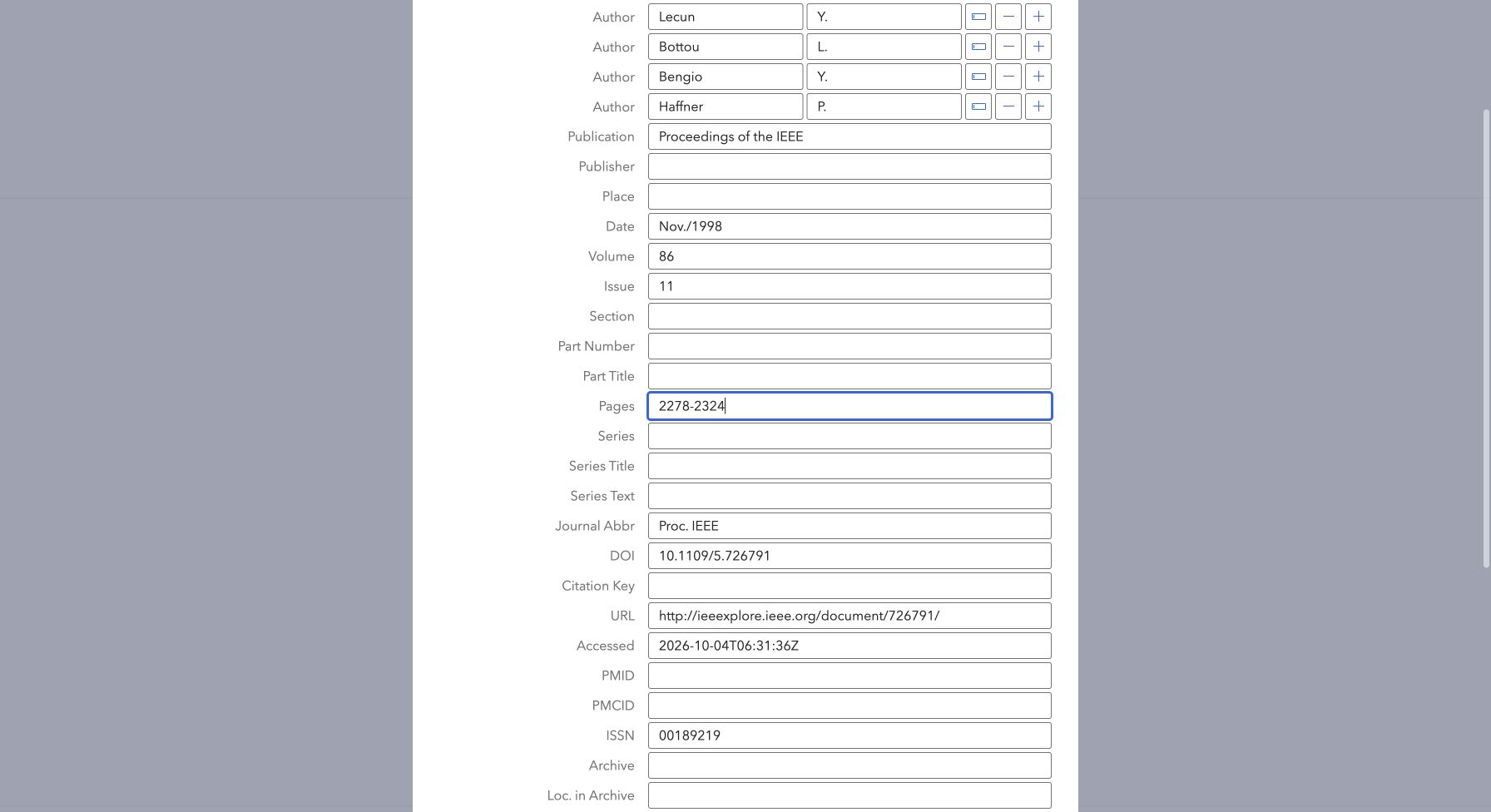 Actual ZoteroBib journal item editor showing the full Proceedings of the IEEE title, corrected Pages 2278-2324, Journal Abbr Proc. IEEE, and DOI 10.1109/5.726791.